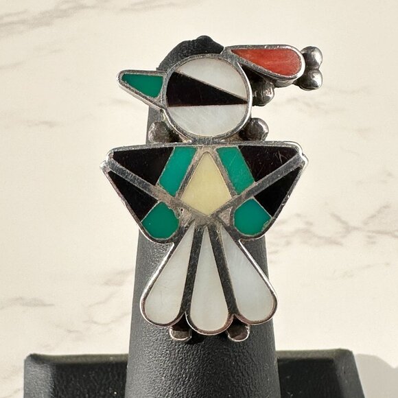 Early Vintage Zuni Native American Bird Ring Inlaid Gemstones Size 5 - Picture 9 of 13